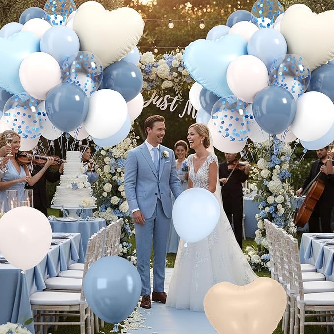 Dusty Blue Balloons, 12Inch Retro Ice Mist Blue Sand White Boho Balloon with Heart Foil Balloons for Netural Gender Reveal Bridal Birthday Wedding Party Decorations