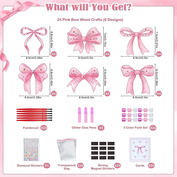 24 Sets Pink Bow Party Favors, DIY Wooden Bows Painting Crafts Kit with Magnets, Coquette Bow Birthday Decorations, Pink Bows Birthday Party Supplies Gifts Goodie Bags Stuffers Prizes