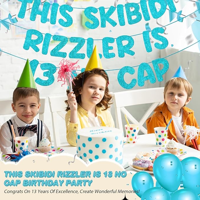 Fulmoon Pre Strung This Skibidi Rizzler Is 13 No Cap Glitter Banner 13th Birthday Party Decorations, Funny Birthday Sign, Party Supplies, Ideas, Gifts(Sky Blue)