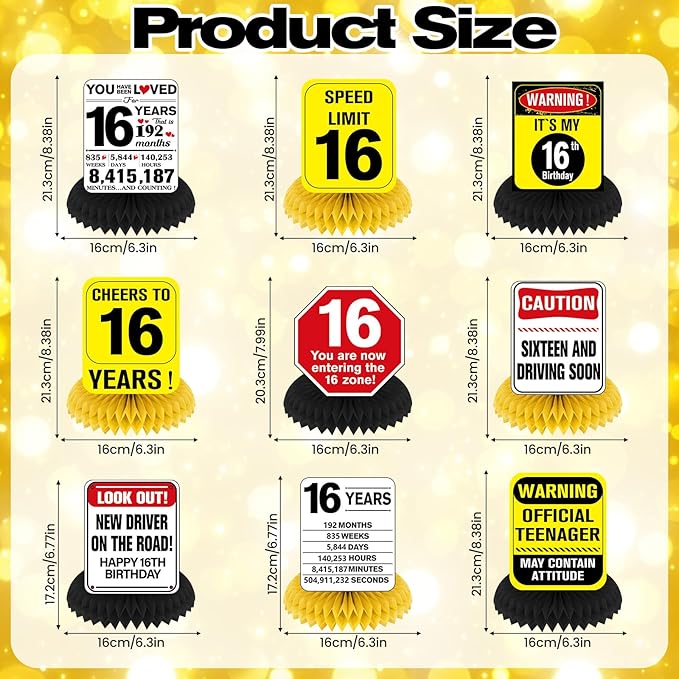 Funny 16th Birthday Decorations 9Pcs 16th Birthday Honeycomb Centerpieces for Sweet 16 Years Old Party Decor, Driver License Party Banner Caution Logos Sign Table Topper for Boys Girls