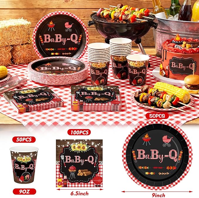 Hushee 200 Pcs BBQ Baby Shower Paper Plates Cups Napkins Party Supplies Tableware Set Disposable Cup Napkin for 50 Guest Party Decoration