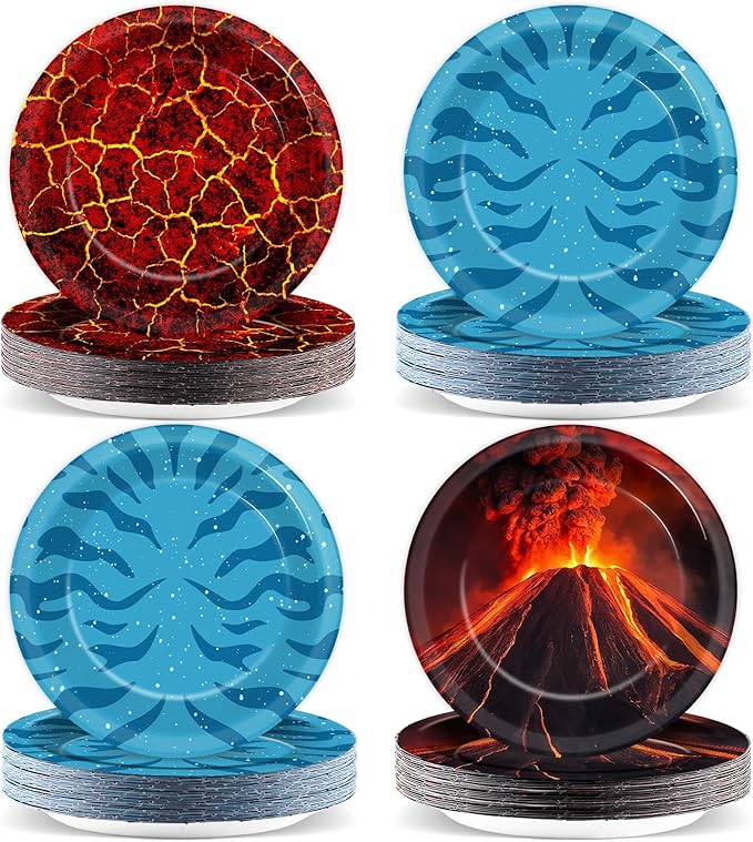 48PCS Fire Party Decorations 7" Volcano Paper Plates Volcano Hot Lava Birthday Supplies Cartoon Dessert Tableware Set Ocean Patterns Printed Disposable Plates for Kids Baby Shower Birthday Party Favor