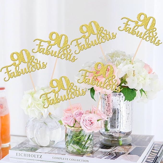 12 PCS 90 and Fabulous Centerpiece Sticks Double Sided Happy 90th Birthday Table Flower Centerpieces Sticks Cheers to 90 Floral Decorations for 90th Birthday Anniversary Party Supplies Gold