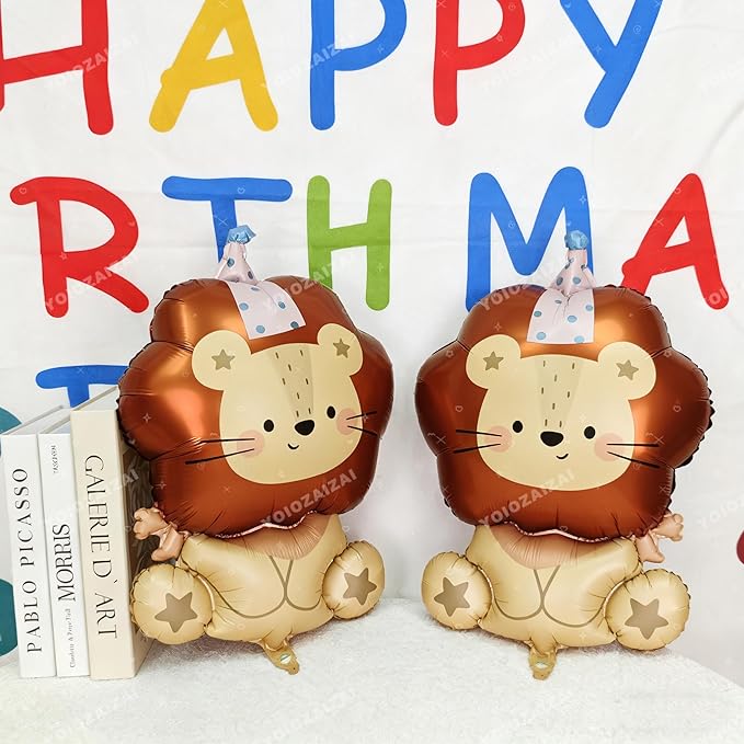2PCS Giant Lion Shaped Animal Foil Balloon Jungle Safari Animal Mylar Balloon For Boy Kids Wild One Lion Zoo Theme Birthday Party Baby Shower Decorations