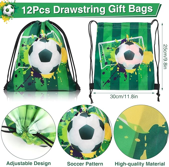 Winrayk 12 Sets Soccer Party Favors Sports Birthday Supplies, Drawstring Bag Silicone Bracelet Keychain Tattoo Sticker, Goodie Stuffer Pinata Filler Teen Kids Boys Soccer Birthday Party Decorations