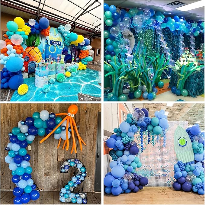 Teal Blue Balloons 12 Inch 60pcs Ocean Turquoise Blue Party Balloons Transparent Metallic Pastel Light Blue Latex Helium Balloon for Under The Sea Birthday Baby Shower Shark Party Decorations