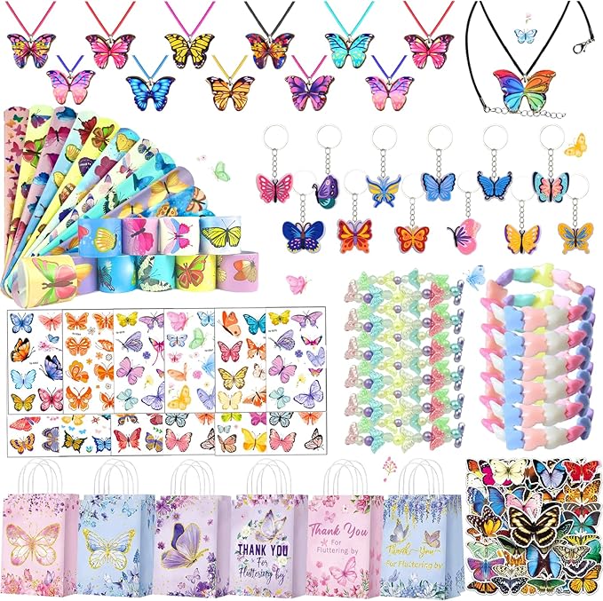 Butterfly Party Favors 122Pcs Butterfly Themed Birthday Supplies Set Fairy Party Favors Decorations Keychains Bracelets Goodie Bags Tattoo Stickers Gifts for Pinata Filler