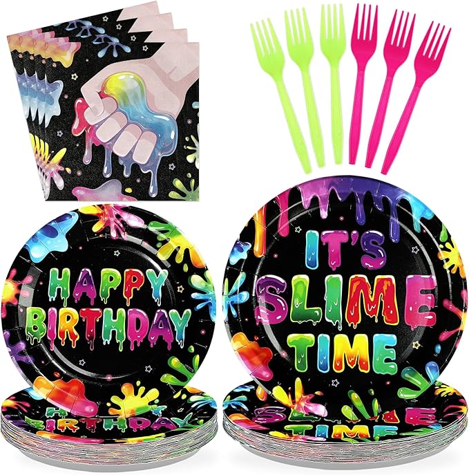 96Pcs Slime Birthday Party Supplies It's Slime Time Plates and Napkins Colorful Splash Splatter Theme Disposable Paper Tableware Set for Kids Boys Girls Birthday Party Decoration Serves 24