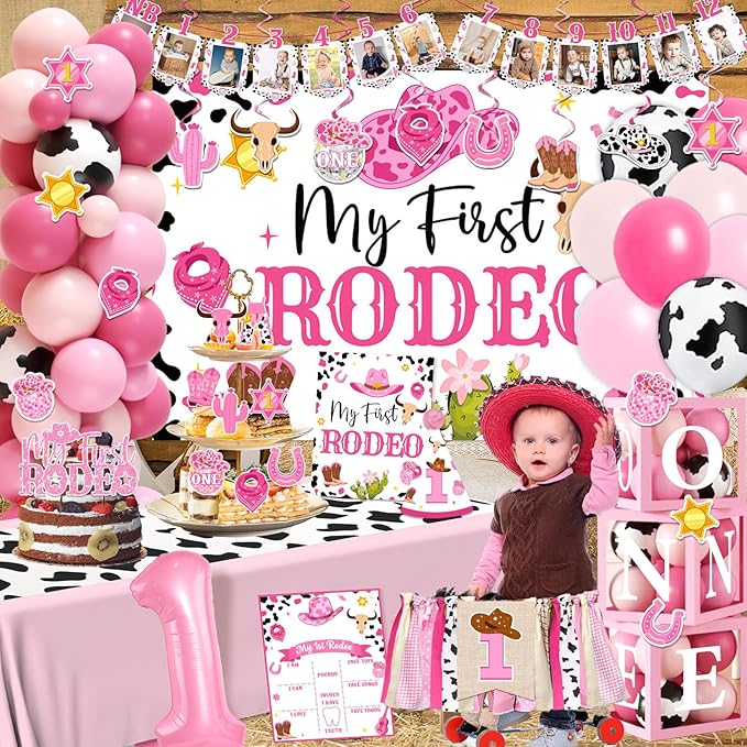 155Pcs My First Rodeo Decorations Girl,Western Cowgirl 1st Birthday Balloon Arch,Banner,ONE Box,Tablecloth Theme Party Supplies for Baby Girl 1st Birthday,Girls Baby Shower Party