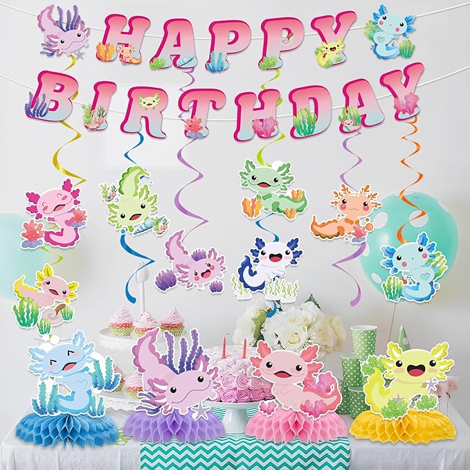 Axolotl Birthday Decorations Include Colorful Axolotl Happy Birthday Banners Hanging Swirls Honeycomb Centerpiece Reptile Animals Axolotl Theme Bday Party Supplies