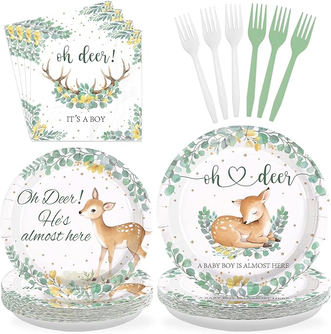 96Pcs Oh Deer He's Almost Here Baby Shower Party Supplies Green Deer Plates and Napkins Woodland Animal Tableware Set for Boy Animal Baby Shower Gender Reveal Party Supplies，Serves 24