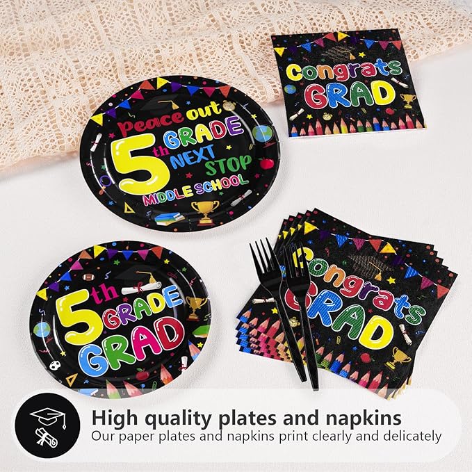 96Pcs 5th Grade Graduation Party Supplies 2025 Fifth Graduation Plates and Napkins Sets Peace Out 5th Grade Next Stop Middle School Decorations Favors for Classroom Congrats Grad Party Serves 24 ﻿