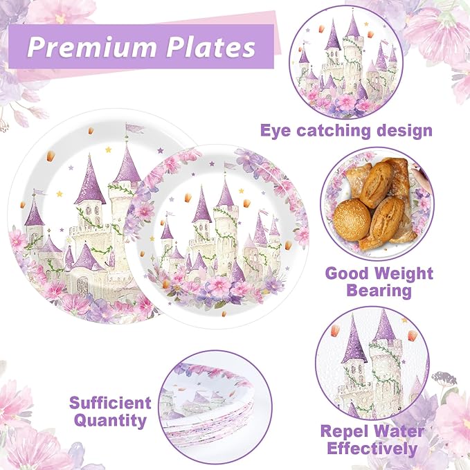 96Pcs Princess Birthday Party Supplies Purple Tower Castle Party Plates and Napkins Disposable Purple Princess Themed Tableware Set Fairytale Party Tableware for Girls Women Wedding Serves 24 Guests