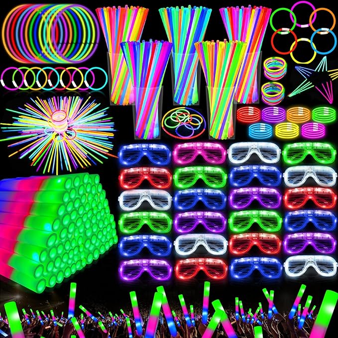 Camlinbo 148 PCS Glow in the Dark Party Supplies- 24 Pcs 12" Foam Glow Sticks, 24 Pcs LED Glasses, 100Pcs Glow Sticks Necklaces Bracelets Light Up Party Favors Pool Wedding Concert Easter Basket