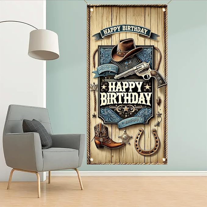 Western Cowboy Door Cover Banner 70 x 35 Inch Decoration West Boy Theme Door Cover Western Birthday Party Photography Background Decor Backdrop West Barn Door Sign Banner
