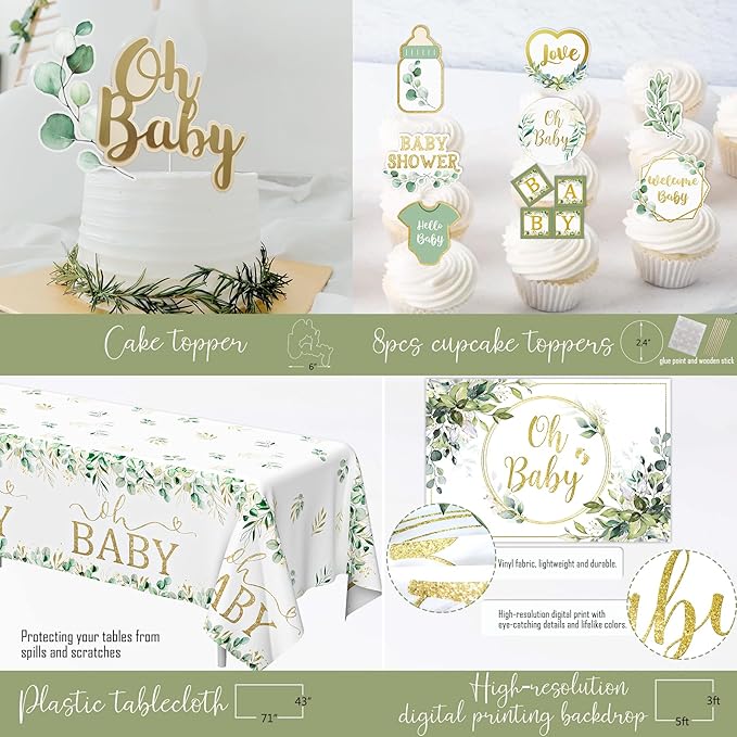 Sage Green Baby Shower Decorations, Gender Neutral Baby Shower Decorations, Greenery BabyShower Party Supplies, Oh Baby Backdrop Tablecloth Balloon Garland BABY Box Welcome Baby Banner