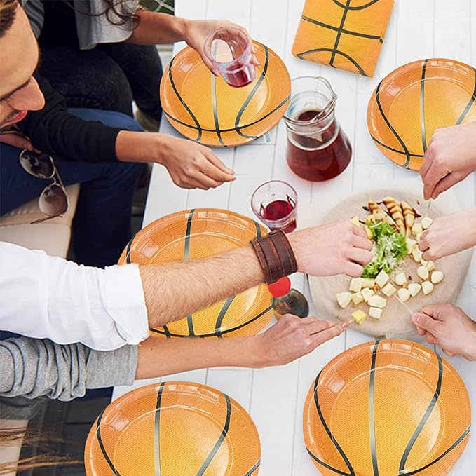 120 Pcs Basketball Party Supplies - 60 Pcs 7 Inch Basketball Plates 60 Pcs Basketball Napkins - Disposable Dessert Plates and Napkins Set for Kids Boys Birthday Basketball Theme Party Decorations