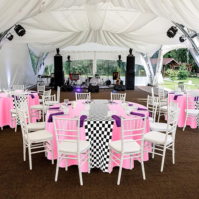 Oudain 3 Pcs Cars Birthday Party Supplies Racing Party Decorations Round Racing Tablecloth Checkered Flag Table Covers Road Plastic Table Cloth, 1950s Disco Dancing Party Tablecloth (Light Pink)