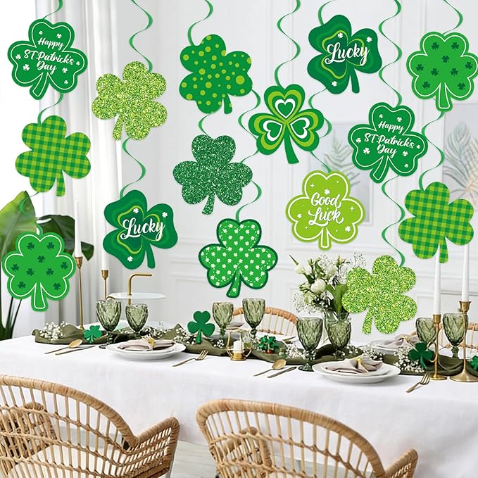 40Pcs St Patricks Day Shamrock Hanging Swirls Decorations, Lucky Irish Clover Hanging Streamer St Patricks Day Ceiling Decorations for Irish Saint Patrick Party Decor Supplies