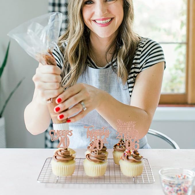 30PCS 20th Birthday Cupcake Toppers Glitter Twenty Happy 20th Straight Outta 2005 Cupcake Picks for Cheers to 20 Years Birthday Wedding Anniversary Party Cake Decorations Supplies Rose Gold