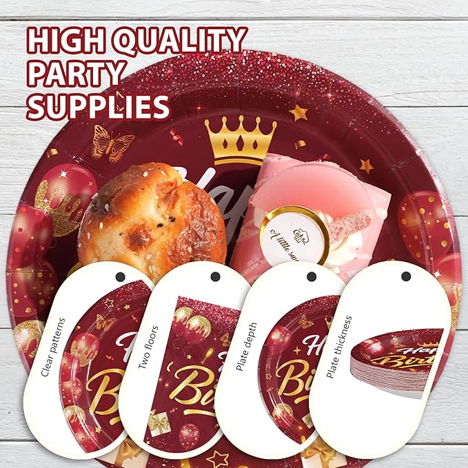 96Pcs Burgundy Birthday Party Decorations Maroon Wine Red Gold Birthday Paper Plates and Napkins Sets Red Golden Burgundy Theme Decorations for Winter Holiday Bday Dinner Party Supplies Serves 24