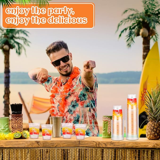 Rtteri 100 Pcs 12oz Luau Cups Plastic Hawaiian Coconut Tree Drinking Cups Bulk Disposable Palm Tree Tiki Drinkware for Summer Beach Party Supplies Luau Hawaiian Decorations(Beach)