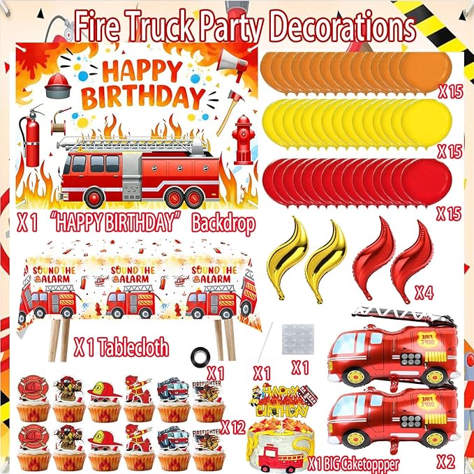 Fire Truck Birthday Party Decorations Kit – Firefighter Party Supplies with Happy Birthday Backdrop, Table Cover, Cake Toppers and Foil & Colorful Balloons for Kids Rescue Theme Party