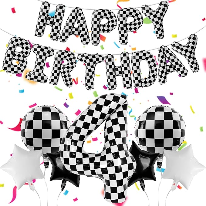 Racing Cars Themed Happy Birthday Banner Party Decorations Set Including 40 Inch Number 4 Foil Balloons, Themed Party Essentials, Checkered Backdrop Supplies for Boys Indoor Outdoor Celebration