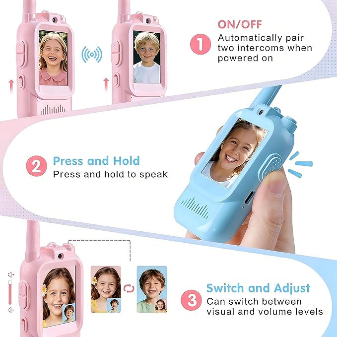 Kids Video Walkie Talkies 2 Pack, Rechargeable with HD Screen & 4 Voice Changers, Long Range Two-Way Radios Toys for Indoor-Outdoor Camping, Gifts for Boys Girls Ages 3-8 (Blue/Pink)