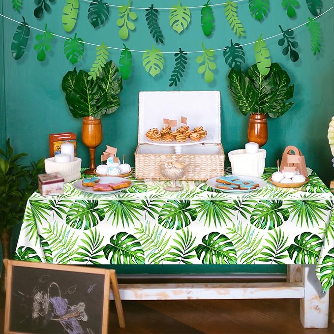 Tatuo 2 Pieces Palm Leaf Table Covers Hawaii Green Leaves Tablecloths Tropical Leaf Table Cloths and 2 Pieces Palm Leaves Banners Decorations for Tropical Party Decorations