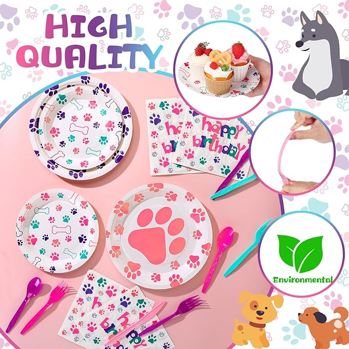 Gejoy 96pcs Dog Birthday Party Decorations Set Include Dog Print Plates Knives Forks Spoons Napkins Puppy Paw Tableware for Puppy Theme Party Supplies Kit(Sweet Color)