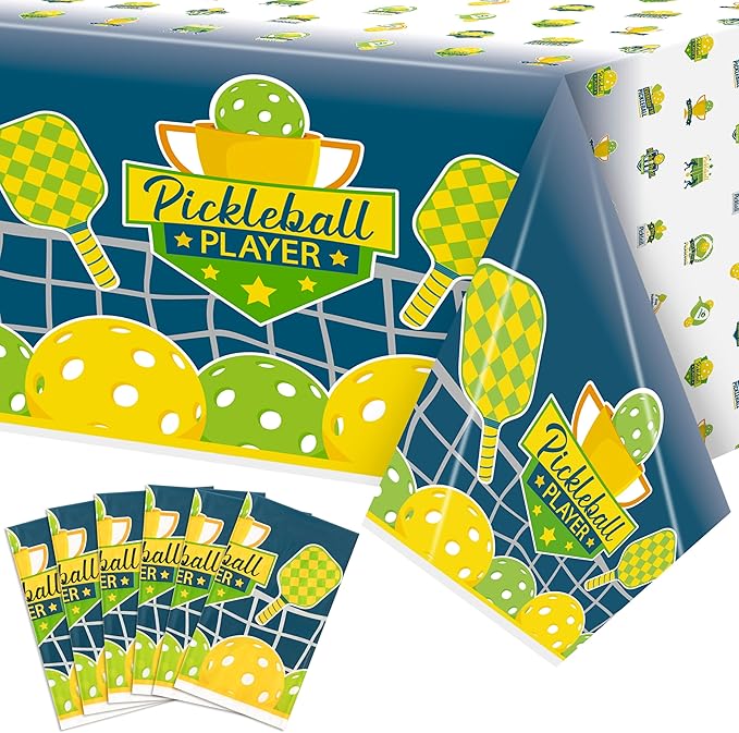 6 Packs Green Pickleball Tablecloth Disposable Waterproof Rectangle Plastic Table Cover Pickleball Player Sports Theme Indoor Outdoor Tablecloth Pickleball Party Favor Decor (54x108 Inch)