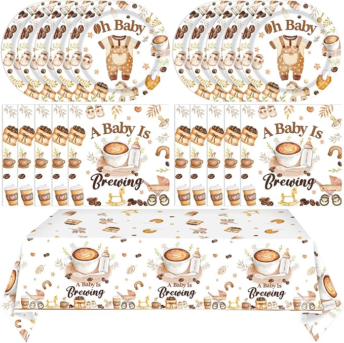 41PCS Coffee Themed Baby Shower Decorations for Kids,A Baby is Brewing Coffee Banner Baby Shower Plates and Napkins Sets Disposable Tablecloth Coffees Beans Shower Welcome Baby Decorations