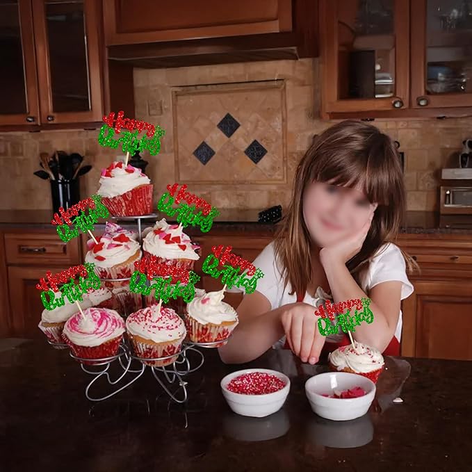 Ephlyn 24Pcs Happy Birthday Cupcake Toppers Double Layer Glitter Happy Birthday Cake Decorations for Christmas Theme Baby Shower Anniversary Party Decorations Supplies Red Green