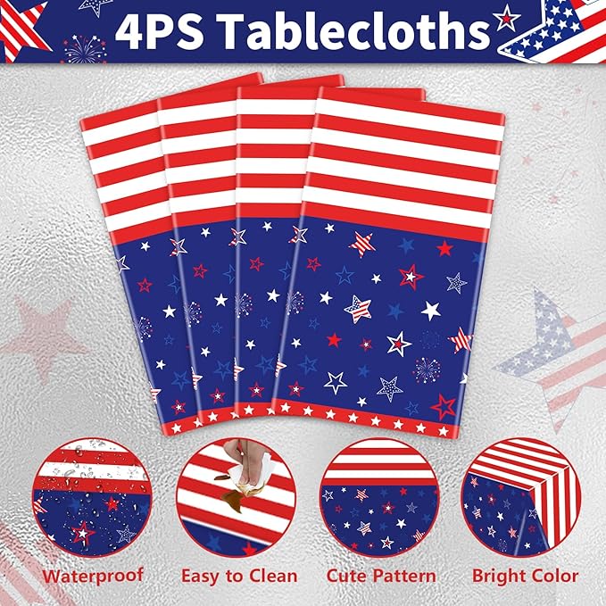 4 Pack Patriotic Tablecloth 4th of July Tablecloth Patriotic Decorations American Flag Party Table Cloth Patriotic Themed Party Supplies Memorial Party Decorations 86 x 51 in