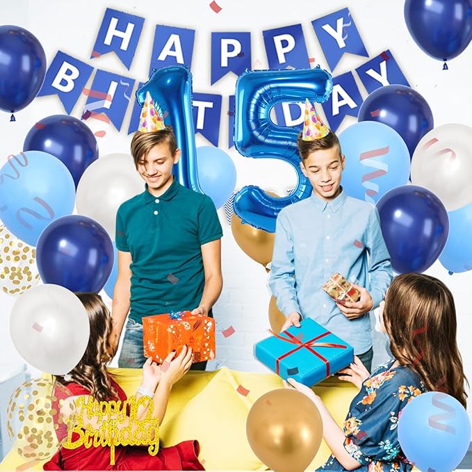 15th Birthday Decorations, Dark Happy Birthday Party Decorations With Number 15 Balloons Metallic Gold Pearl White Light Blue Fringe Curtain Banner Cake Topper For Boy Girl Party Supplies