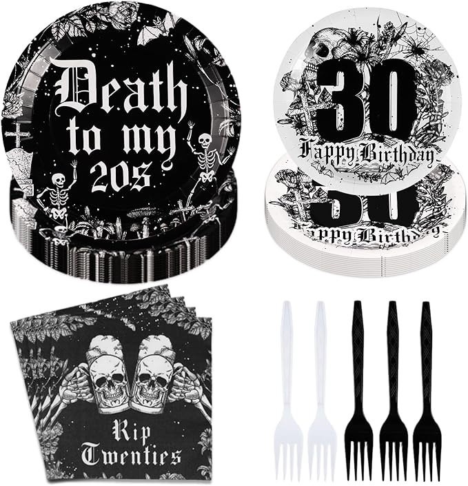 Grencian 96Pcs 30th Birthday Party Supplies Death to My 20s Plates and Napkins Disposable Rip Twenties Paper Tableware for Funeral for My Youth 30 Years Old Birthday Party Decor, Serves 24