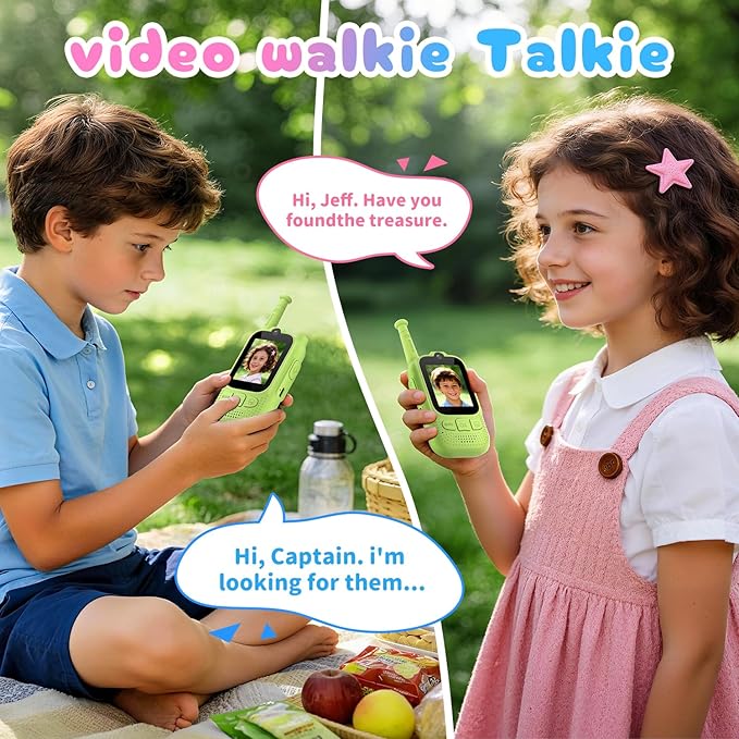 Kids Audio/Video Walkie Talkies, 2 Pack Rechargeable Walkie Talkies for Kids with 2’’ Screen & Camera & Voice Changer, Long Range Boys Girls Toys for Indoor Outdoor Camping Hiking Games (Green/Green)