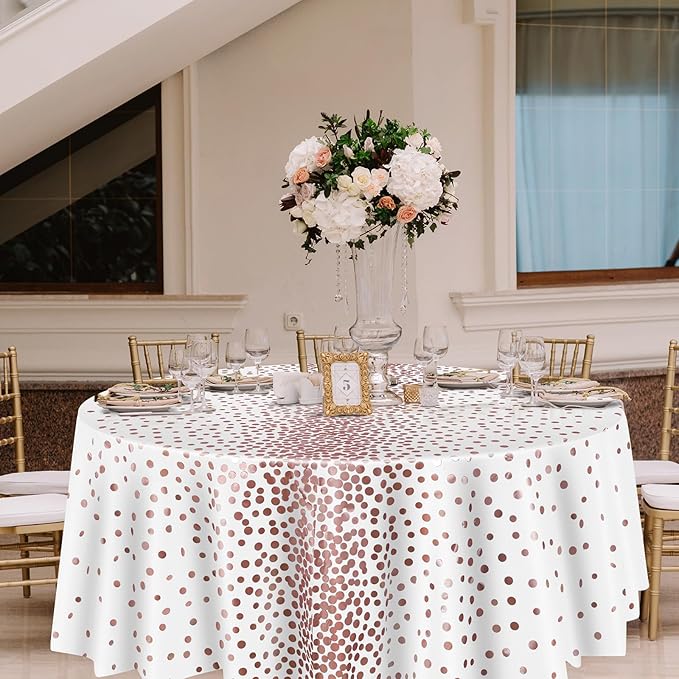 VitalCozy Round Dot Tablecloth 84 Inch Plastic Table Cover Polka Dot Confetti Tablecloths for Easter 2026 Graduation Prom Wedding Birthday Spring Party Supplies(White and Rose Gold,3 Pcs)