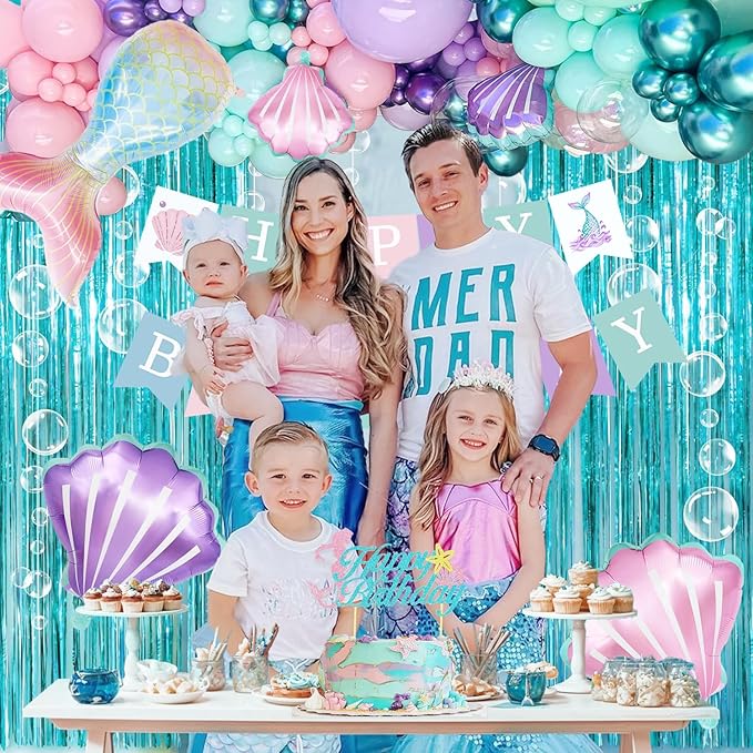 Mermaid Birthday Decorations, Birthday Decorations for Girls Women, Little Mermaid Under the Sea Party Decor Supplies with Mermaidtail Balloons Bubble Garland banner Fringe Backdrop Cake Topper