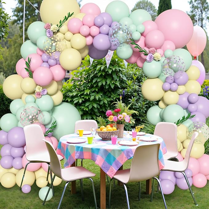 Amandir 153pcs Pastel Balloons Garland Arch Kit, Different Sizes 18 12 10 5inch Pastel Pink Yellow Green Purple Confetti Easter Balloons for Bunny Hunt Spring Baby Shower Birthday Party Decorations