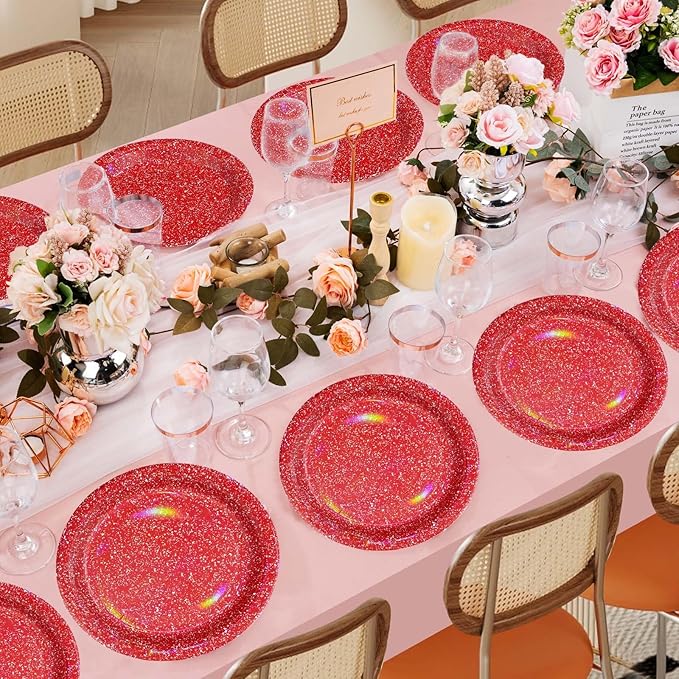 96Pcs Red Birthday Decorations Red and White Iridescent Plates and Napkins Tableware Sets Valentines Day Rainbow Party Decorations for Womens Wedding Engagement Baby Shower Party Supplies Serves 24