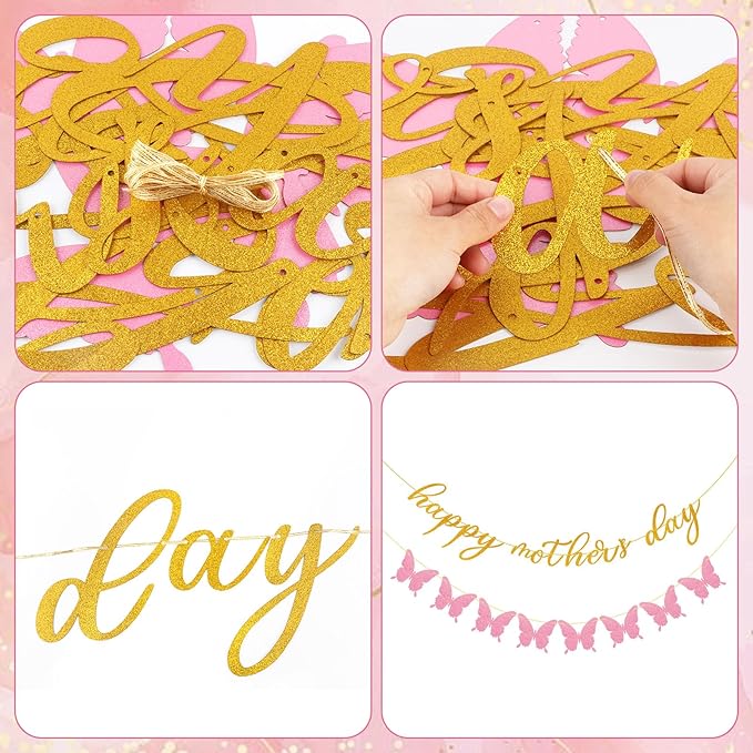 Happy Mother's Day Banner Decorations for Party Glitter Gold Pink Butterfly for Mother's Day Party Decorations Backdrop Garland Photo Props
