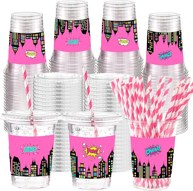 Yungyan 50 Sets Pink Hero Theme Party Plastic Cups with Lids and Straws 16 oz Coffee Juice Drinking Cups for Birthday Baby Shower Party Supplies