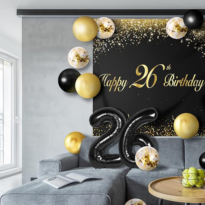 Happy 26th Birthday Balloons Black Set Decor - Cheers to 26 Years Old Party Theme Garland Banner Backdrop Decorations For Women and Men Supplies