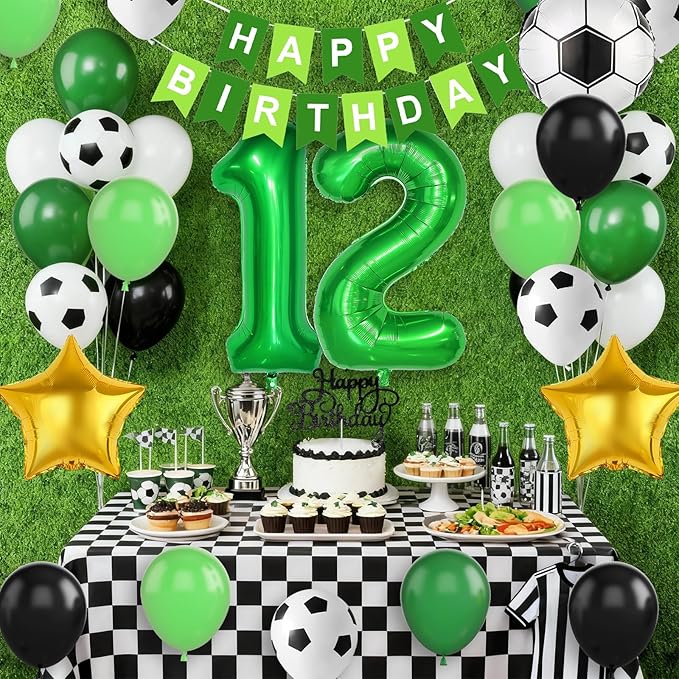 Soccer Birthday Party Decorations for Boys, 12th Soccer Birthday Decoration with Green Black White Balloons 'HAPPY BIRTHDAY' Banner Cake Toppers 32in Foil 12 Balloon for Boys Sports Party Decor