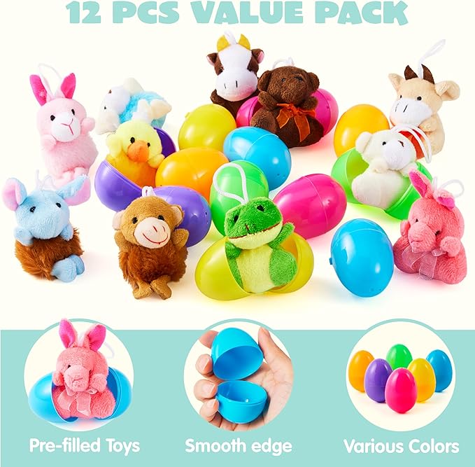 JOYIN 12 Pcs Prefilled Easter Eggs with Plush Toys, Plastic Eggs Filled with Mini Stuffed Plush Toys, Basket Stuffers for Toddlers, Easter Egg Hunt, Party Favors, Classroom Prizes for Kids