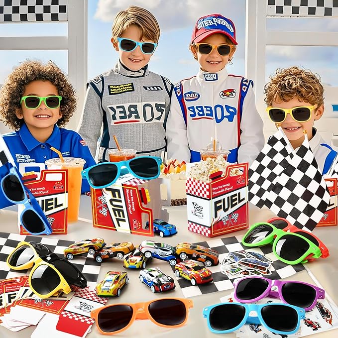 120Pcs Race Car Party Favors Birthday Supplies, Gift Box Sunglasses Flag Mini Race Car Sticker Birthday Goodie Bag Stuffers Racing RaceCar-Themed Party Supplies Decorations for Boys Kids 3-5 4-8