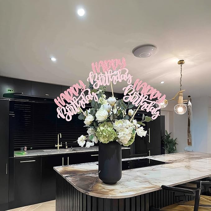 Gyufise 12Pcs Happy Birthday Centerpieces Sticks Double Sided Glitter Birthday Party Decorations Anniversary Table Flower Centerpiece for Celebrating Party Supplies Pink Light Pink