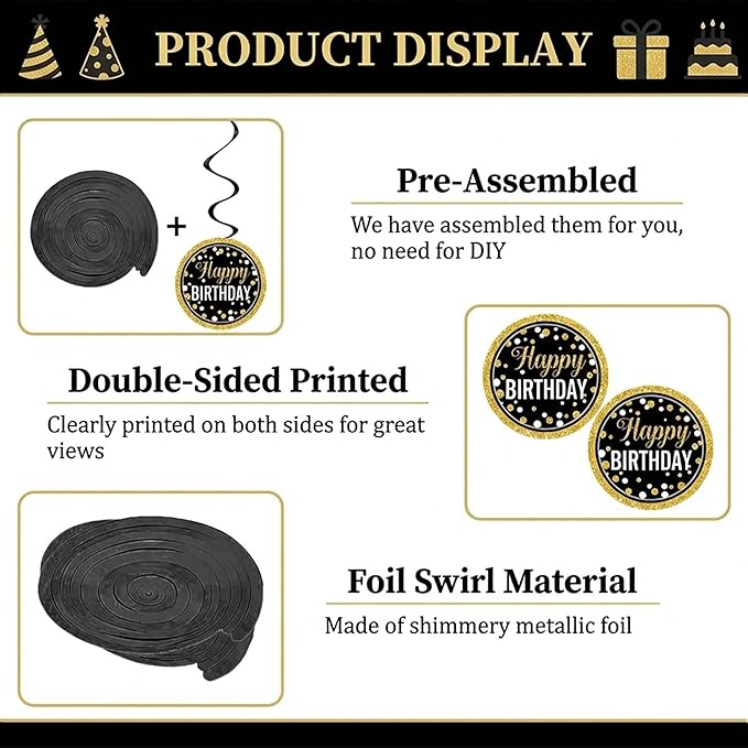 Black and Gold Birthday Decorations - Party Supplies Kit with Tablecloth, Paper Plates, Photo Props, Crown Foil Balloon, Fringe Curtains, Cake Toppers and Banner for Men Women 18th 21st 30th 40th 50th
